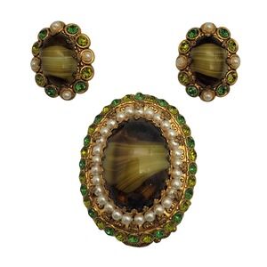 West Germany Clip Earrings Brooch Green Porphyry Art Glass Rhinestone Pearl Vtg